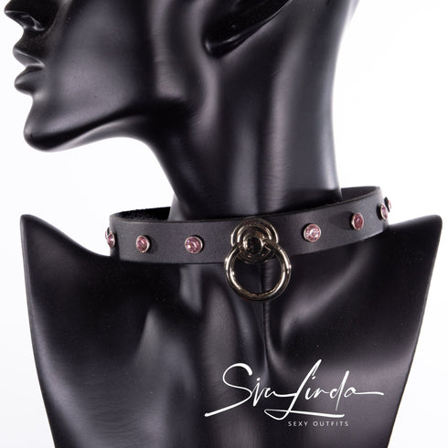 SiaLinda: Halsband Nr. 13 pink 8 Straß Kristalle und großem O-Ring 20mm, echt Leder schwarz - SiaLinda.com